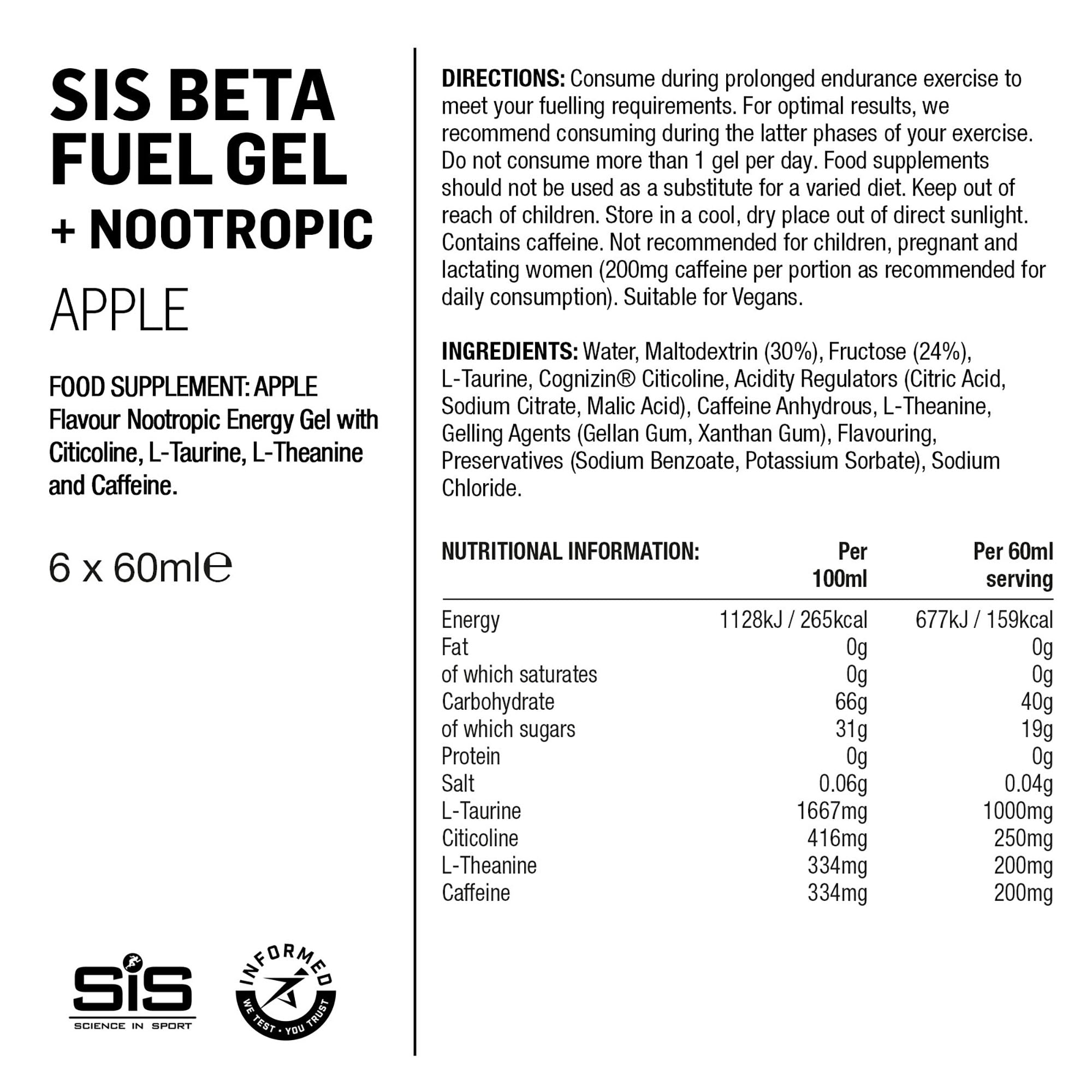 SIS BETA Fuel Gel Energético/Nootrópicos 6x60ml Manzana #2